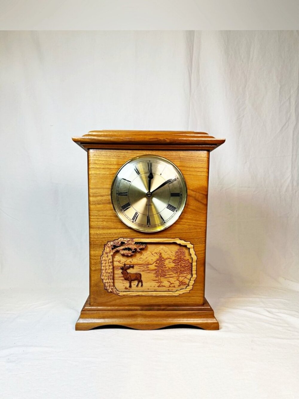 Ambassador Oak Wood Cremation Urn with Quartz Clock/Wild Life Elk Scene